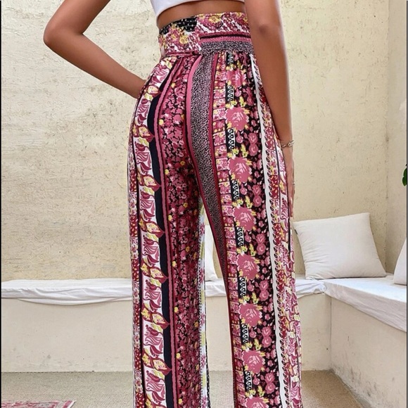 Boho Paisley Floral Polka Dot Print High Waist Rise Palazzo Wide Leg Pants - Picture 10 of 11